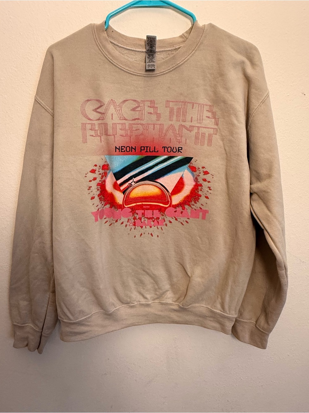 Cage the Elephany Neon Pill Tour Graphic Crewneck Sweater - Beige